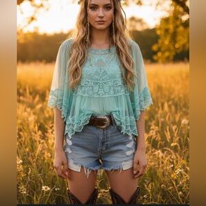 Double Zero Women's Aqua Lace Top Bell Sleeve Sheer Western Fairycore Western